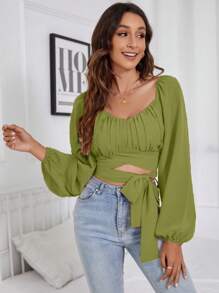 SHEIN Unity Women's Solid Color Sweetheart Neck Pleated Waist Twist Lantern Sleeve Blouse - Olive Green - View 4