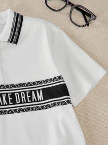 SHEIN T-shirt casual a maniche corte da ragazzo, con colletto tipo polo e stampa a lettere