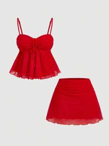 SHEIN MOD Women Red Camisole Top And Mini Skirt 2 Pieces Set - Red - View 1