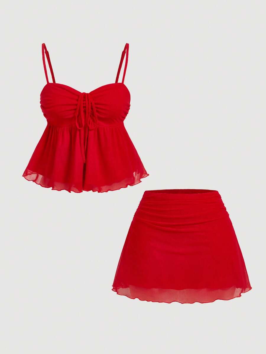 SHEIN MOD Women Red Camisole Top And Mini Skirt 2 Pieces Set - Red - View 1