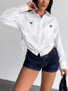 EURMUSE Damen elegantes Hemd mit Schleifenband Vorderseite - Weiss - Übersicht 6