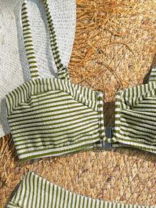 SHEIN VCAY 女士夏季沙滩条纹性感比基尼套装 - 軍綠色 - 查看 5