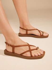 SHUZIA 女士舒适细带凉鞋，鞋面配金色趾环 - 駝色 - 查看 2