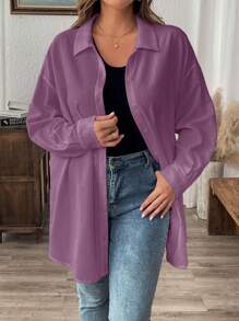 SHEIN LUNE 冬季服装纹理休闲大码纯色夏季长袖衬衫 - 淺灰紫 - 查看 1