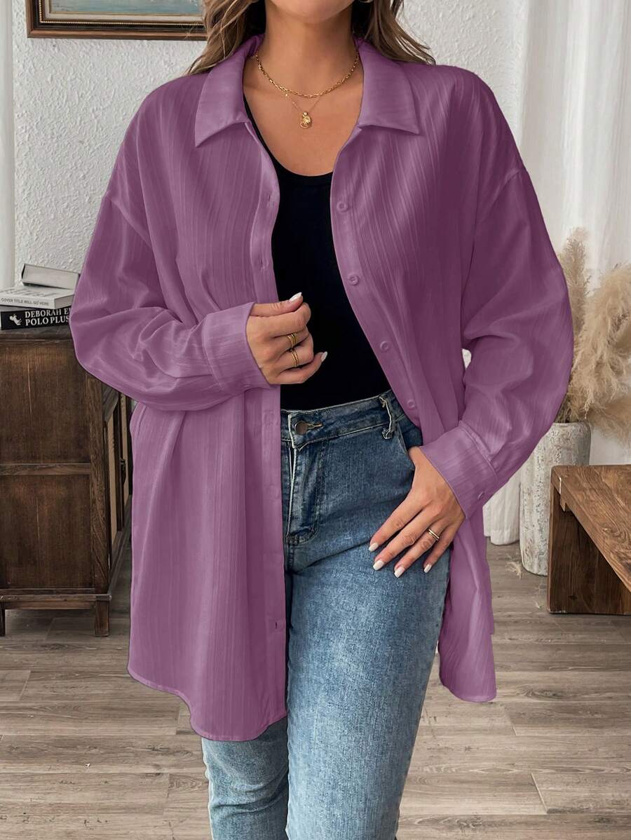 SHEIN LUNE 冬季服装纹理休闲大码纯色夏季长袖衬衫 - 淺灰紫 - 查看 1