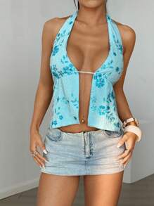 SHEIN EZwear 女士性感亮片系带露背吊带上衣，夏季 - 藍色 - 查看 3