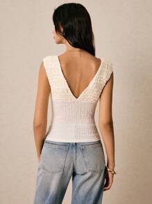 Poéselle 女士褶皱拼接杏色上衣，女士纯色纹理面料V领无袖背心，夏季百搭单品 - 杏色 - 查看 5