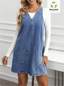 EMERY ROSE 女式休闲无袖牛仔连衣裙，带双口袋，夏季 - 藍色 - 查看 5