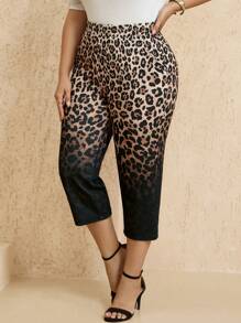 EMERY ROSE Plus Size Women's Elastic Waist Leopard Print Pocket Casual Capri Pants, Summer Fashion, Women's Resort Wear, Women's Brunch Wear, Women's Business Casual Wear, Women's Wedding Guest Dresses, Women's Summer Clothing,Women's Work Clothes - Multicolor - View 4