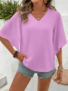 SHEIN LUNE 女式纯色V领开衩短袖休闲衬衫，夏季
