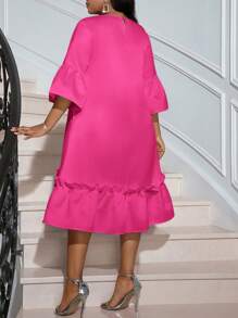 SHEIN Lady 春夏休闲优雅波西米亚风优雅休闲工作白色圆领花瓣袖长袖女士连衣裙度假装女士沙滩装女士海滩度假沙滩裙婚礼宾客礼服女士商务休闲女士舞会礼服 - 玫紅色 - 查看 2