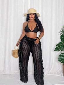 Slaydiva Plus Size Women Wave Striped Mesh Cover Up & Wide Leg Pants Set For Summer Beach Vacation - Black - View 5