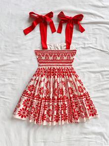 Soleia 假日女士绿色几何印花细肩带蝴蝶结腰部 A 字迷你连衣裙 - 彩色 - 查看 2