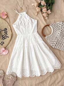SHEIN Teen Girls Casual/Spring/Summer White Embroidery Halter Backless Dress For Teen Girls,White Graduation Dress,Summer Clothes,Sun Dress,Bohemia,Vacation Dress - White - View 2
