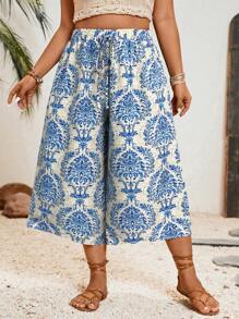 SHEIN VCAY 大码女式度假系带腰身印花阔腿七分裤 - 藍白色 - 查看 3