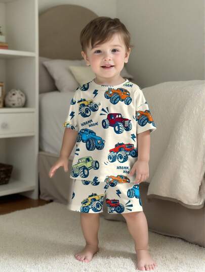 SHEIN 2pcs/Set Infant/Toddler Boy Offroad Truck Cartoon Graphic Loose Casual Short Sleeve T-Shirt & Shorts Set, Summer