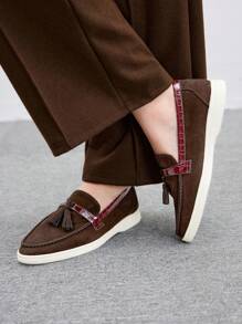 CUCCOO BIZCHIC Women Fringe Decorative Simple Flat Casual Slip-On Shoes, For Daily Wear Spring Shoes Spring Break Easter - Mocha Brown - View 1