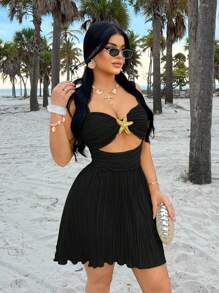 SHEIN SXY Rochie mini pentru femei, cu bretele lungi, cu decor metalic, pentru vacanță de vară și plajă