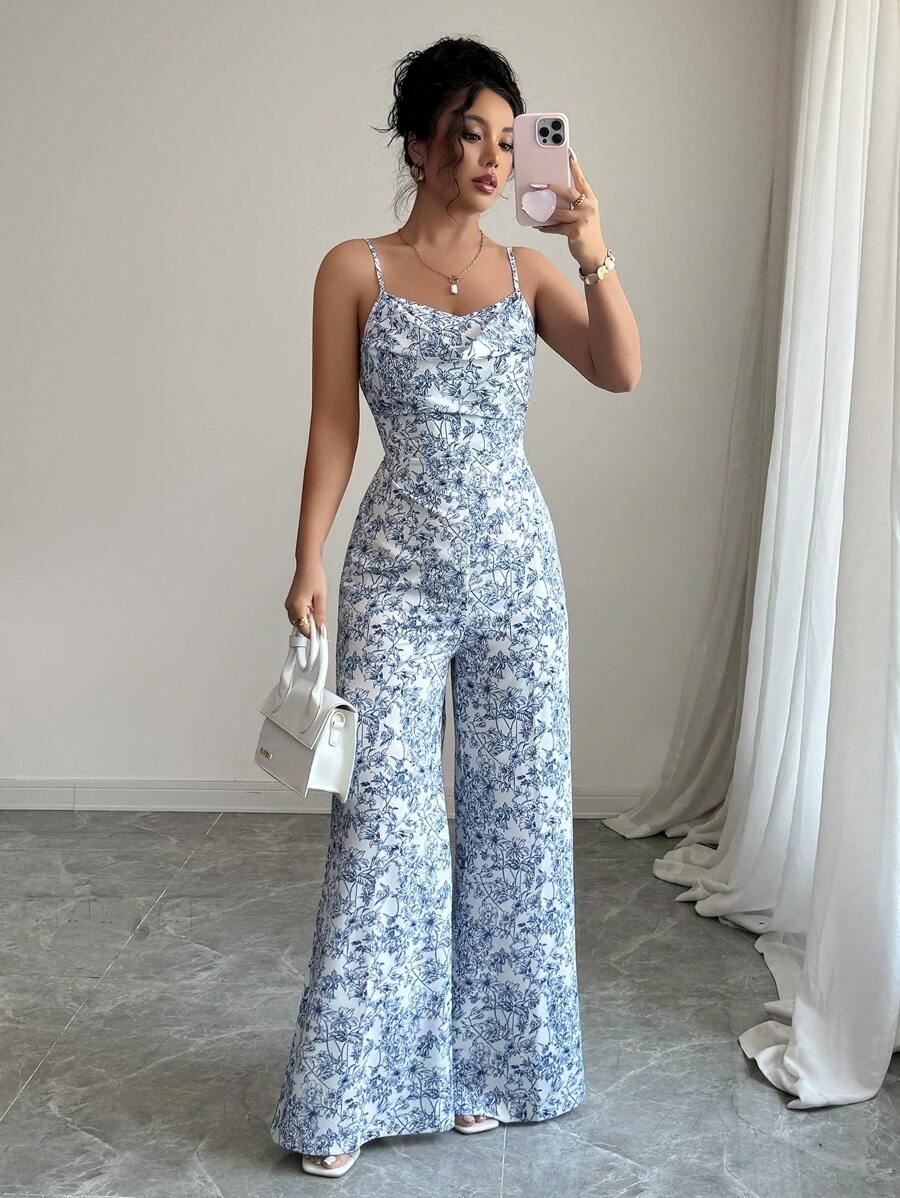 Rafferiza Women's Casual Vacation Draped Neck Loose Wide Leg Jumpsuit With Floral Print - Multicolor - View 1