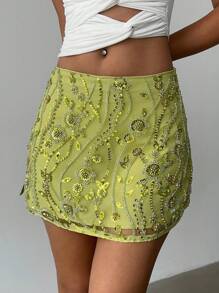 Aloruh 女士性感优雅低腰亮片串珠刺绣喇叭形 A 字迷你裙，适合女性约会、女性夜生活、俱乐部性感