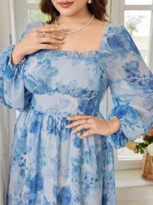 Modelyn Elegant Floral Print Off Shoulder Long Sleeve Cinched Waist A-Line Plus Size Dress, Spring/Summer - Multicolor - View 4