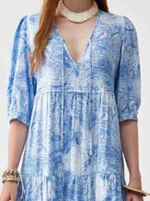 Florisole Damen Boho V-Ausschnitt Puffärmel Bindetaille locker sitzend blaues Muster Maxikleid, Frühling/Sommer - Blau - Übersicht 5