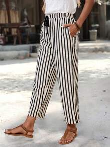 EMERY ROSE Women's Contrast Striped Drawstring Waist Loose Casual Pants Summer Pants For Women,Fall Women Clothes - Black and White - View 5