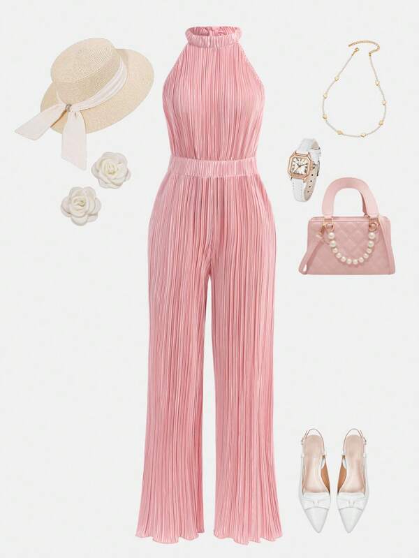 SHEIN Girlism Teenager Mädchen rosa Sommer Neckholder Jumpsuit mit geraffeter Taille, eleganter Falten-Textur Jumpsuit mit hoher Taille, eleganter Pendler-Jumpsuit, Jumpsuit im akademischen Stil