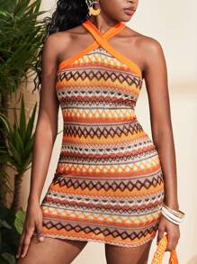 SHEIN Vestido halter de punto ajustado con patrón geométrico en color naranja y contrastante para adolescentes, casual de verano para vacaciones