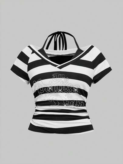 J-Fashion Punk Y2K Rhinestone Letter Cropped Lace Up Striped Color Block V-Neck T-Shirt For Women, Plus Size Spring Clothing