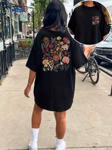 SHEIN LUNE 大码印花短袖T恤，夏季休闲款 - 黑色 - 查看 1