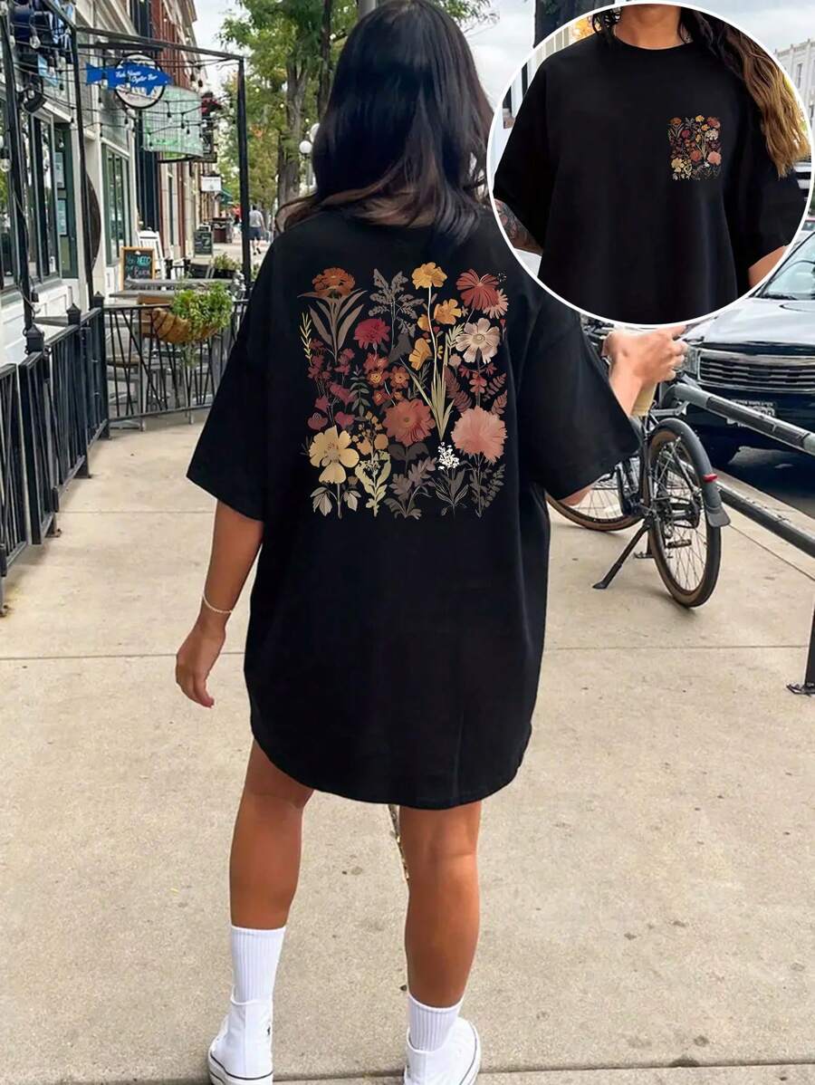 SHEIN LUNE 大码印花短袖T恤，夏季休闲款 - 黑色 - 查看 1