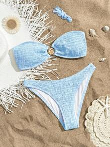 Swim Mod Conjunto de bikini casual elegante de un solo color sin tirantes con detalles de hebilla metálica, atuendo para la playa para mujeres - Azul - Ver 7