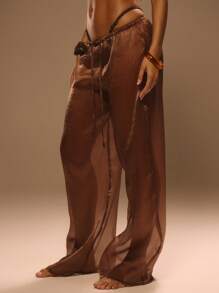 Musera Resort 薄纱串珠抽绳罩衫裤 夏季度假 伊比沙岛 优雅 伊比沙岛 可爱 海滩节 锐舞 波西米亚风 沙滩装 假日 夏季 没药派对 春季 - 摩卡棕 - 查看 3