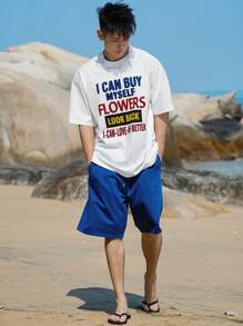 DAZY 夏季彩色字母印花白色 T 恤和蓝色短裤两件套，海滩风格男士套装 - 白色 - 查看 5