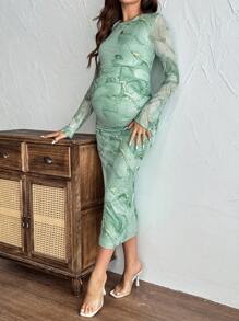 SHEIN 情人节秋季女士优雅大理石印花褶皱长袖紧身孕妇装 - 綠色 - 查看 6