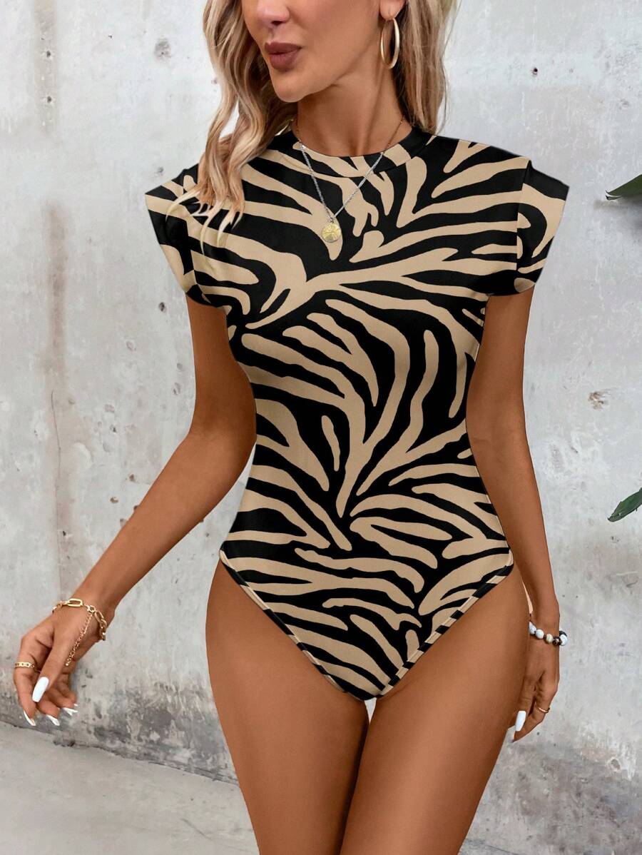 SHEIN LUNE Women's Casual Zebra Pattern Round Neck Bodysuit, Suitable For Spring & Summer Suitable For Going Out - Multicolor - View 1