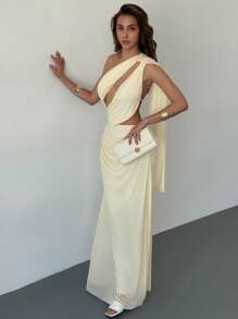 Aloruh 优雅长款露背网眼杏色单肩连衣裙，适合度假、舞会、派对 - 杏色 - 查看 8