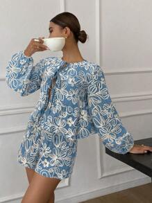 SHEIN Frenchy Bộ 2 quần yếm và áo cánh buộc dây phía trước họa tiết hoa dành cho nữ - Màu xanh lam - Xem 3