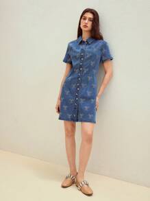 MOTF STUDIO RHINESTONE BOW DETAIL BUTTON UP DENIM DRESS - Blue - View 5