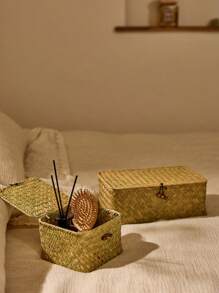 Cirelle 1pc Japanese Style Desktop Storage Box Hand-Woven Coffee Table Snack Sundries Storage Basket Straw Woven Lid Storage Basket, Rama Comfort Home, Back To School Use, Dorm Essentials, Summer Home Decor - Yellow - View 5