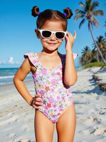 SHEIN Young Girl Ditsy Floral Ruffled Crew Neck One-Piece Swimsuit - Baby Pink - View 1