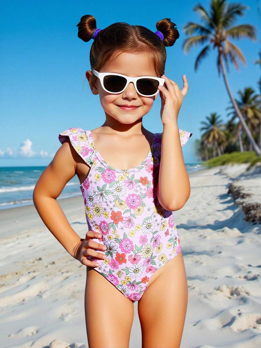 SHEIN Young Girl Ditsy Floral Ruffled Crew Neck One-Piece Swimsuit - Baby Pink - View 1