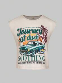 SHEIN Camiseta de manga corta con gráfico de coche retro para niñas, dulce y picante, campamento de verano