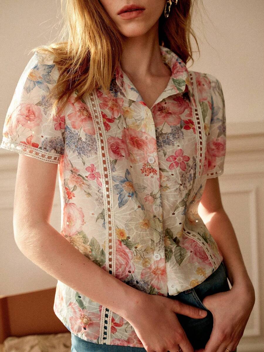 Écloséra Elegant And Fashionable Women's Embroidered Puff Short-Sleeved Shirt, Summer Women's Button-Down Shirt, Ladies Teacher Clothing - Multicolor - View 1