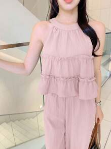 DAZY 2 件套女式纯色荷叶边无袖上衣和阔腿裤，返校服装 - 粉色 - 查看 5