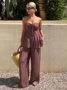 DAZY 女士无袖抹胸上衣长裤两件套，韩版假日风 - 紅色 - 查看 2