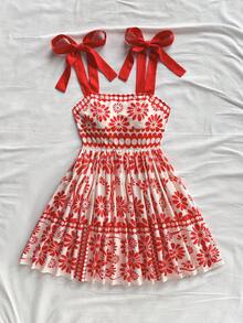 Soleia 假日女士绿色几何印花细肩带蝴蝶结腰部 A 字迷你连衣裙 - 彩色 - 查看 7