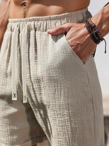 Manfinity RSRT Men's Solid Color Drawstring Waist Pockets Textured Pure Cotton Shorts Men Shorts Casual