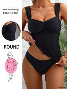 Swim Lushoire Women's Summer Beach Solid Color Pleated Camisole Tankini Swimsuits Set - Black - View 3